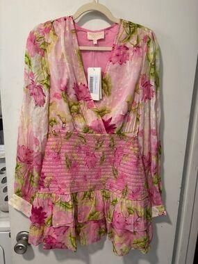 NWT Rococo Sand Ren Pink Smocked Mini Dress Lotus Floral Size L New